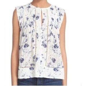 Rebecca Taylor Top Womens 12 Blue White Meteor Floral Silk Cotton Romantic Boho